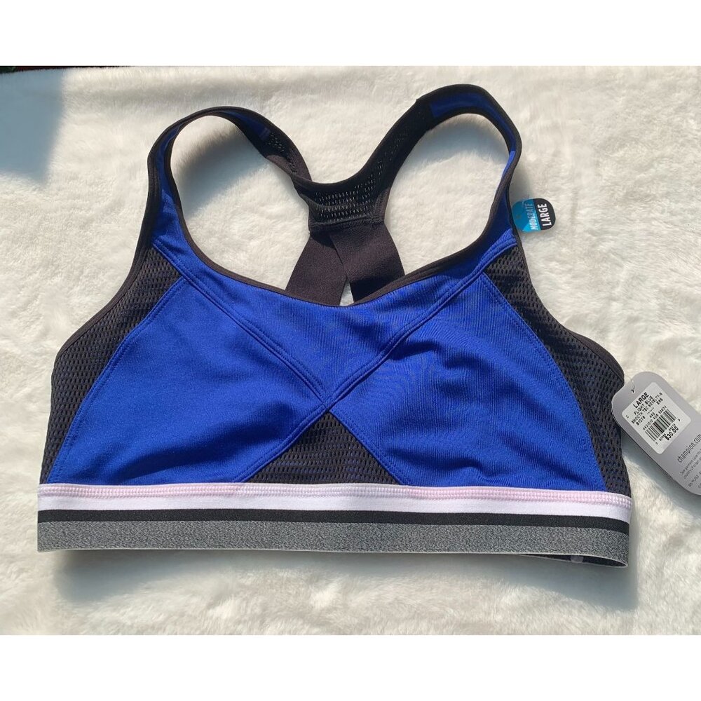 Champion Performance Moderate Sports Bra Size L Flight Blue Black Mesh Racerback